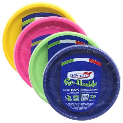 25 scodelle piatti fondi di plastica lavabili riutilizzabili colorati Ø20,5 cm DOpla