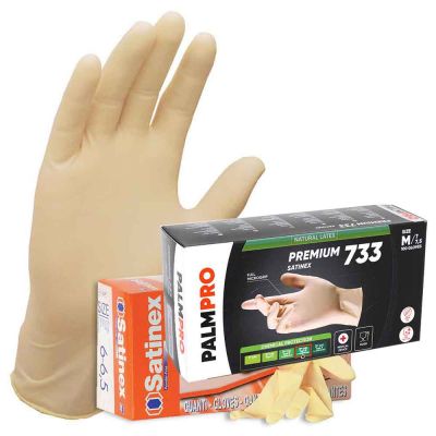 Guanto indossato in lattice monouso Satinex colore ambra