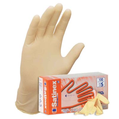 Guanto indossato in lattice monouso Satinex colore ambra