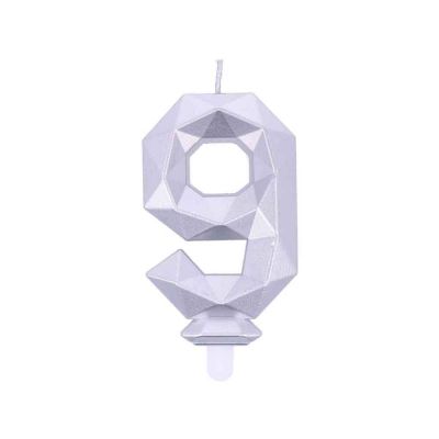 Candelina compleanno numero 9 nove in cera Diamond Silver Argento h 7,5 cm 