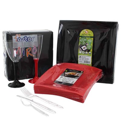 Set completo da tavola elegante in plastica lavabile nero e rosso 20 persone