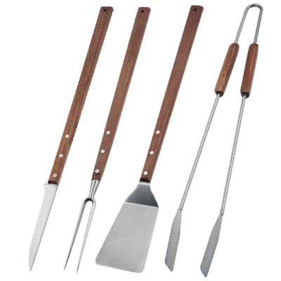 Set 4 utensili da barbecue con manico in legno 