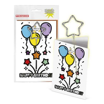 Biglietto di Buon Compleanno con stellina scintillante Pyrogiochi palloncini