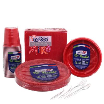 Set completo da tavola in plastica lavabile rosso per 50 persone