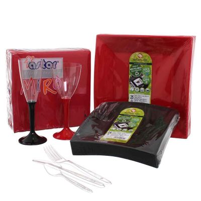 Set completo da tavola elegante in plastica lavabile rosso e nero 20 persone