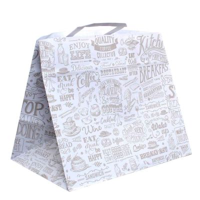 200 Shopper buste in carta bianca con manici per asporto con stampa 32x21 h27 cm