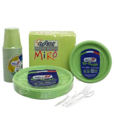 Set completo da tavola in plastica lavabile verde per 50 persone