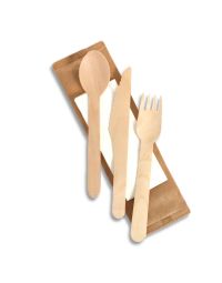 50 Tris posate in legno di betulla imbustate con tovagliolo