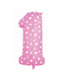 Palloncino Mylar Numero 1 Rosa con cuoricini grande 41'' 105 cm