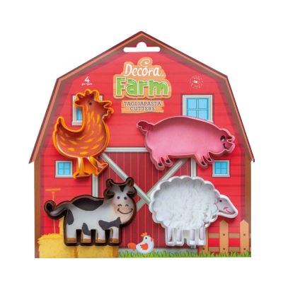 Set 4 Cutters tagliapasta in plastica animali gallo, maialino, pecora e mucca