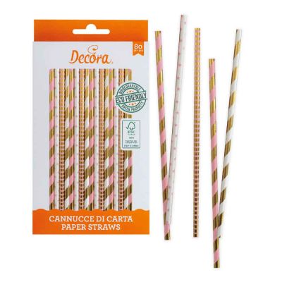 80 Cannucce biodegradabili in carta fantasie oro bianco rosa 21 cm Ø6 mm