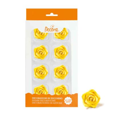 8 Decorazioni Rose medie gialle in zucchero Decora