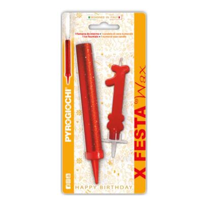 Fontana pirotecnica per torte Pyrogiochi con candela in cera numero 1 rossa