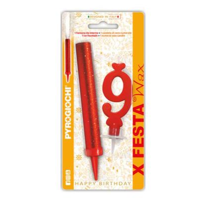 Fontana pirotecnica per torte Pyrogiochi con candela in cera numero 9 rossa