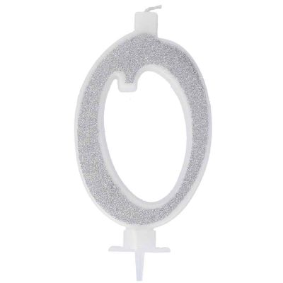 Candelina compleanno numeri 0 zero in cera glitter argento h 13 cm 