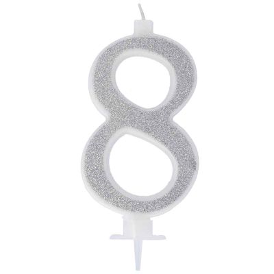 Candelina compleanno numero 8 otto in cera glitter argento h 13 cm 