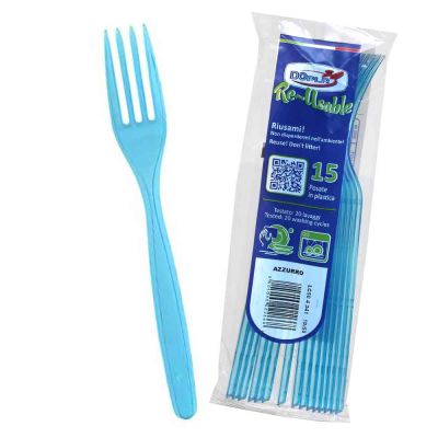 15 Forchette di plastica azzurro lavabili e riutilizzabili DOpla 