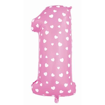 Palloncino Mylar Numero 1 Rosa con cuoricini grande 41'' 105 cm
