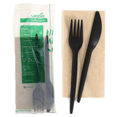 400 Bis posate monouso imbustate compostabili nere con tovagliolo