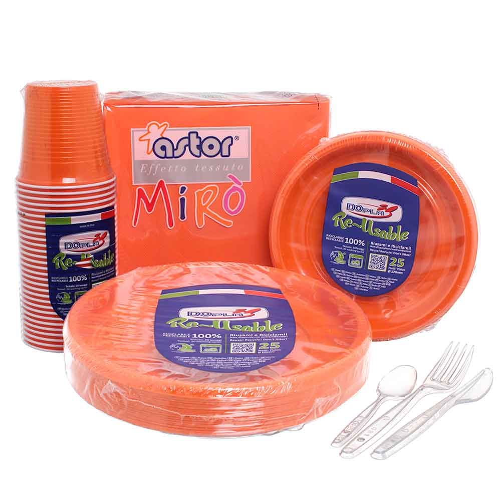 Set da tavola completo in plastica arancio per compleanni - PapoLab