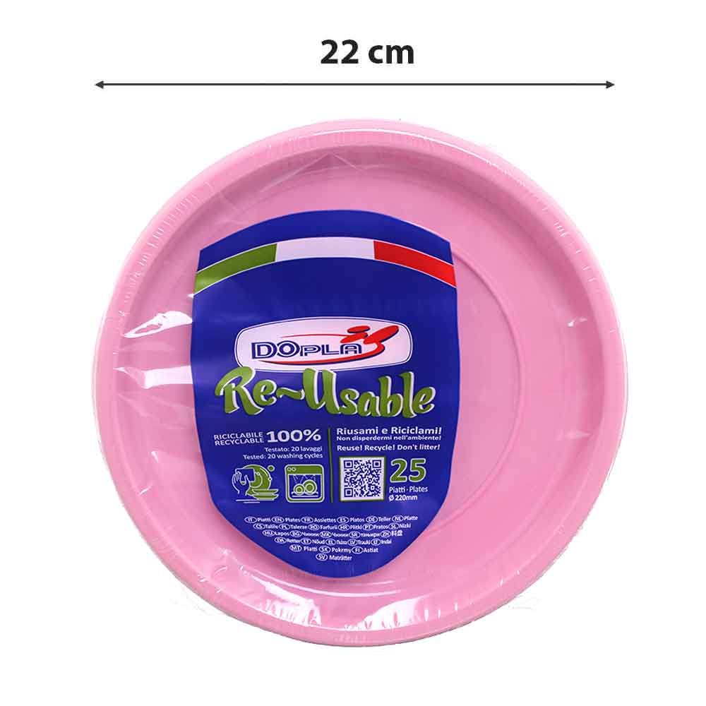 Piatti di plastica colorati rosa riutilizzabili piani Ø22cm - PapoLab