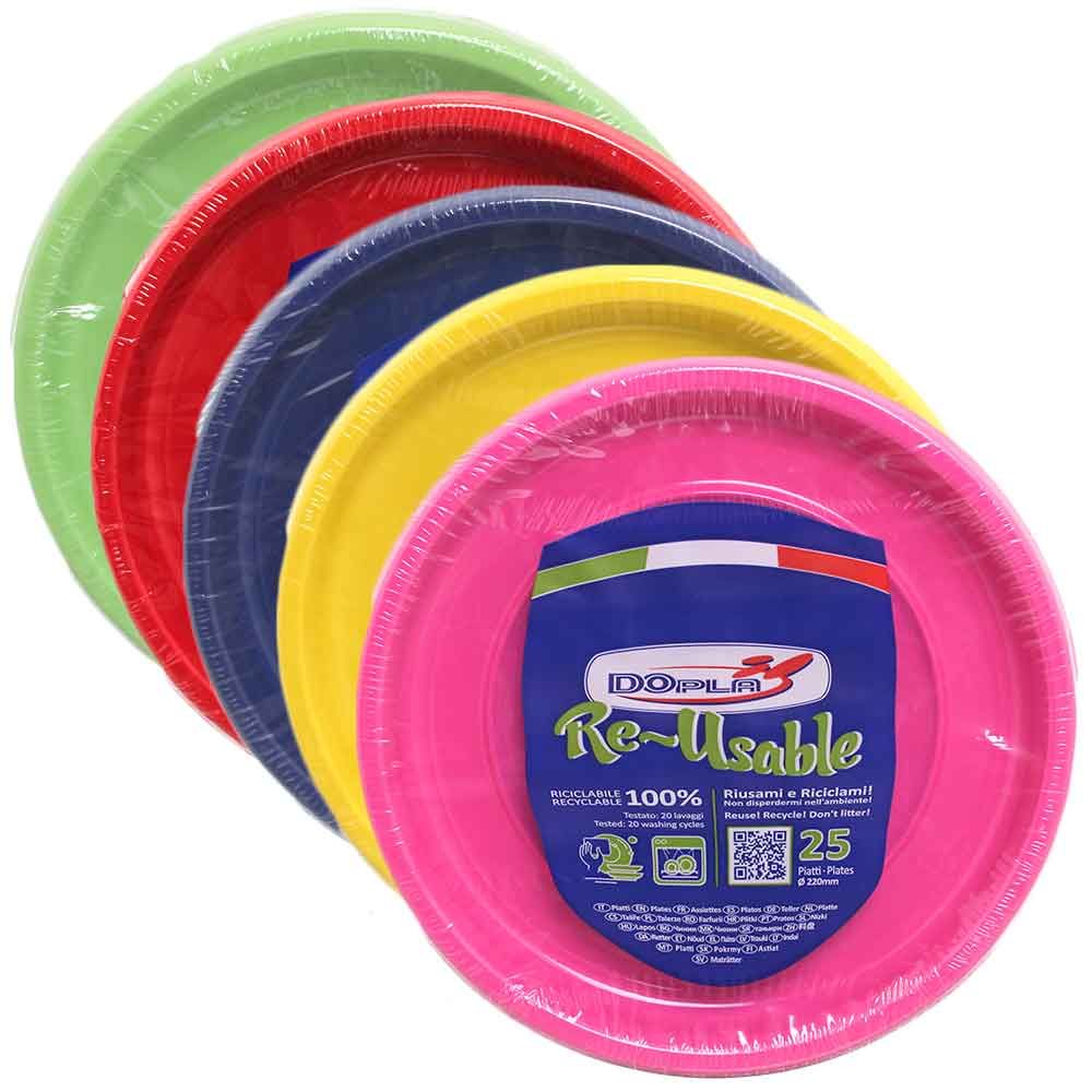 Piatti di plastica colorati piani riutilizzabili Ø22cm DOpla - PapoLab