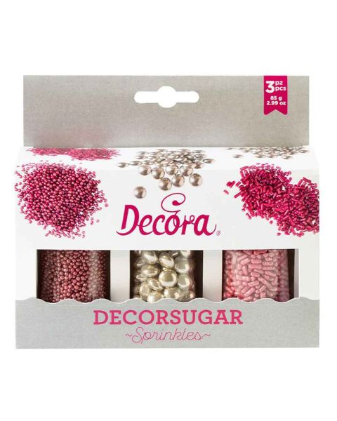 Set lenti al cioccolato argento, perline e bastoncini rosa in zucchero 85 g Decora
