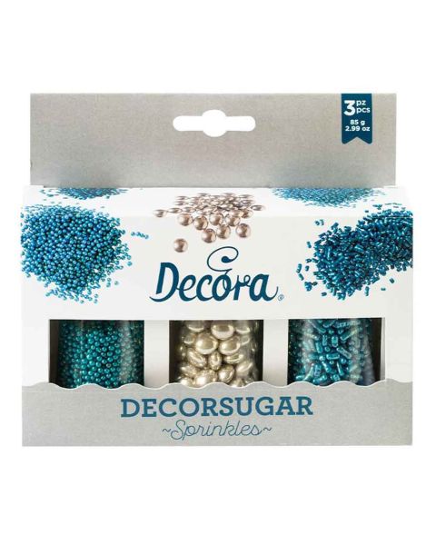 Set lenti al cioccolato argento perline e bastoncini turchese in zucchero 85 g Decora