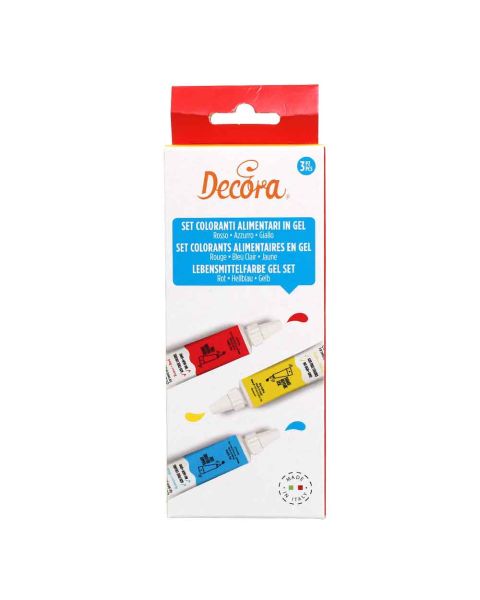 Set 3 coloranti in gel per alimenti rosso, azzurro e giallo 14 g Decora