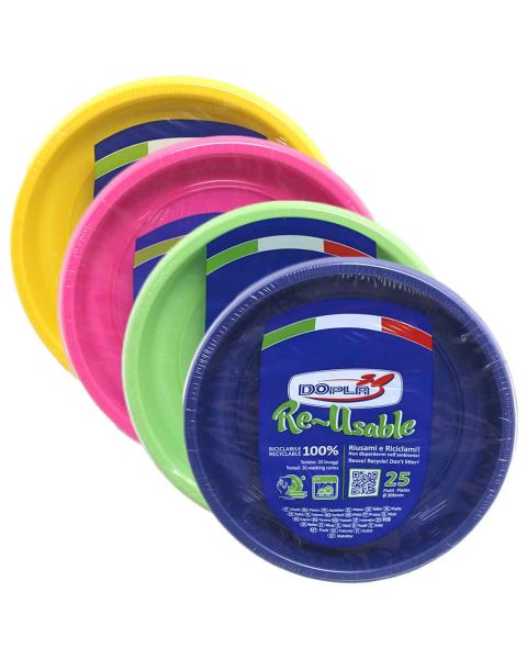 25 scodelle piatti fondi di plastica lavabili riutilizzabili colorati Ø20,5 cm DOpla
