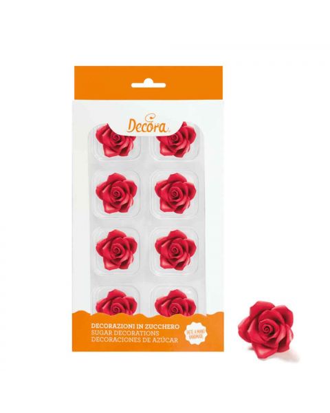 8 Decorazioni Rose medie rosse in zucchero Decora