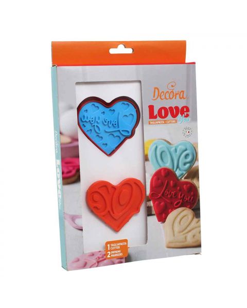 Set 1 Cutters Tagliapasta in plastica cuore con 2 imprimi decori