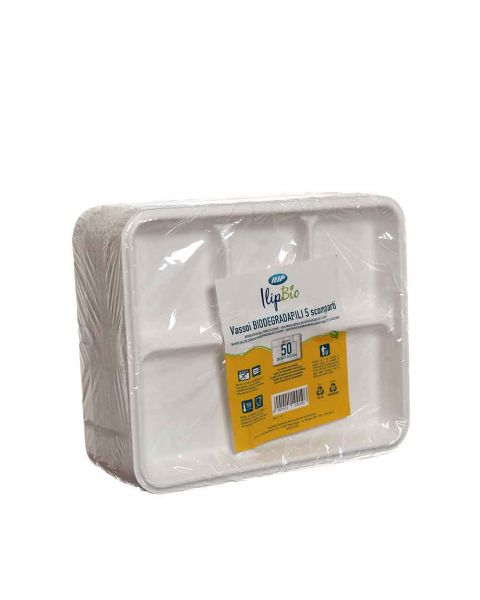 50 Vassoi rettangolari in polpa 5 scomparti Ilip Bio 26,5x21,5x2,5 cm
