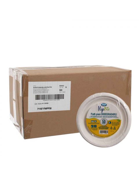 500 Piatti piani rotondi compostabili in polpa di cellulosa Ilip BIO Ø22 cm